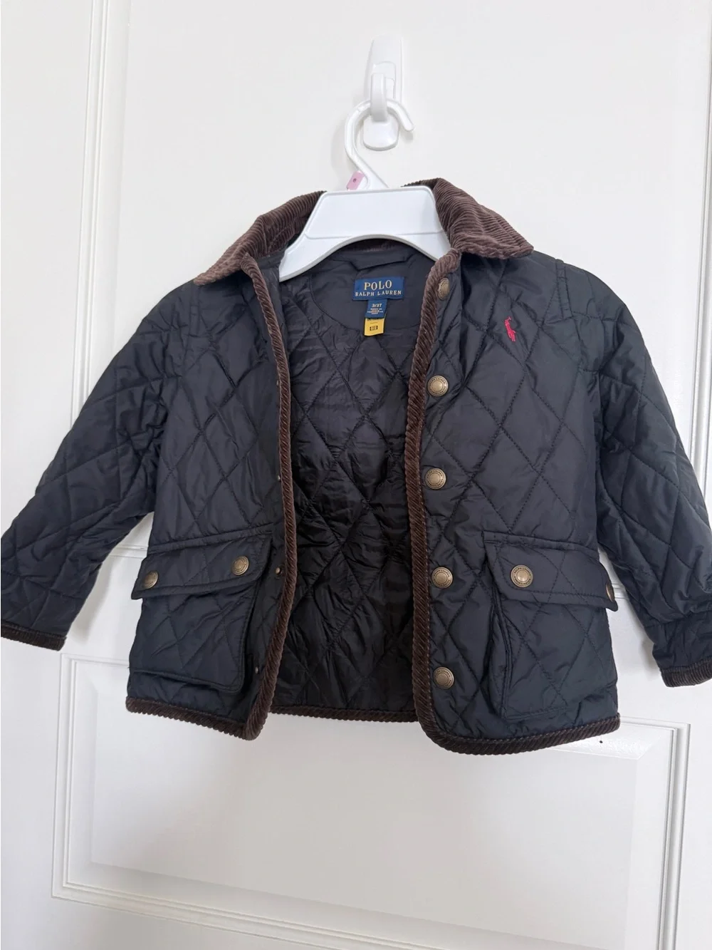 Polo by Ralph Lauren Black Quilted Kids Jacket with Brown Trim
